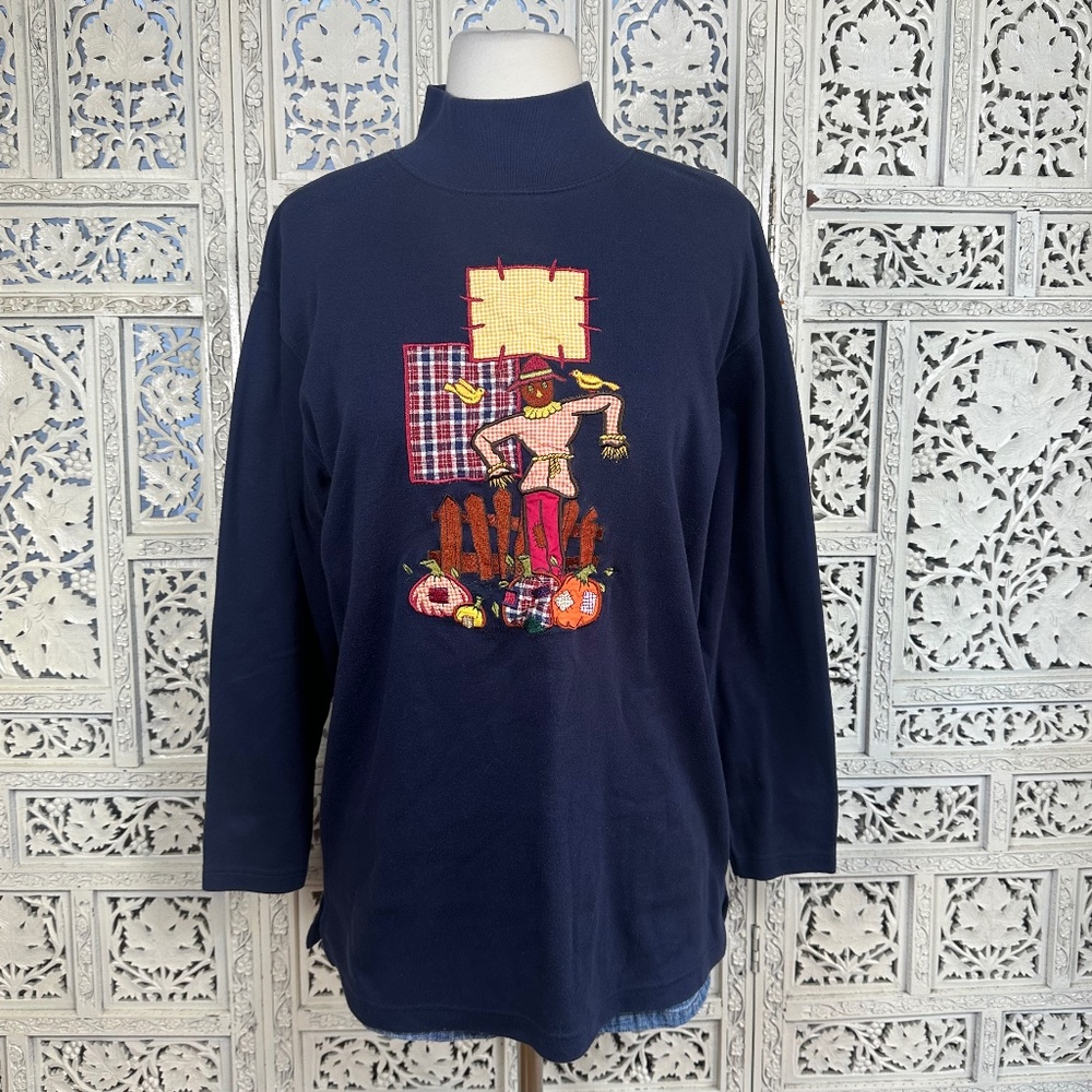 Vintage‎ Karen Scott Navy Blue Mockneck Fall Theme Scarecrow Long Sleeve Shirt